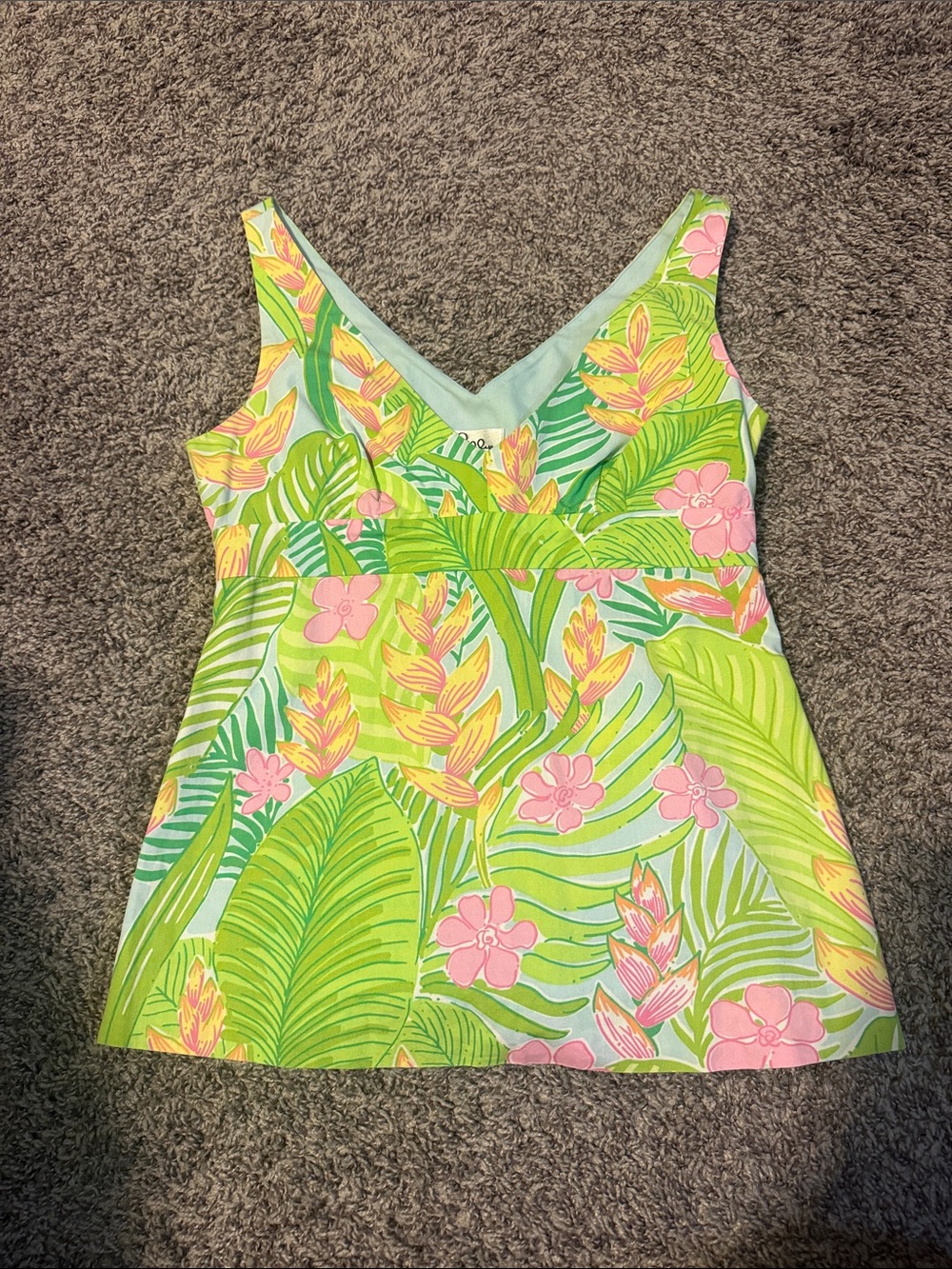 Lilly Pulitzer Green & Pink Tropical V-Neck Tank